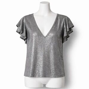 White House Black Market Top L Silver Metallic Glam Glitter Sparkle Going Out